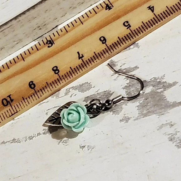 Hand Crafted Antique Silver Leaf Light Aqua Blue Lucite Rose Dangle Earrings - Picture 5 of 5